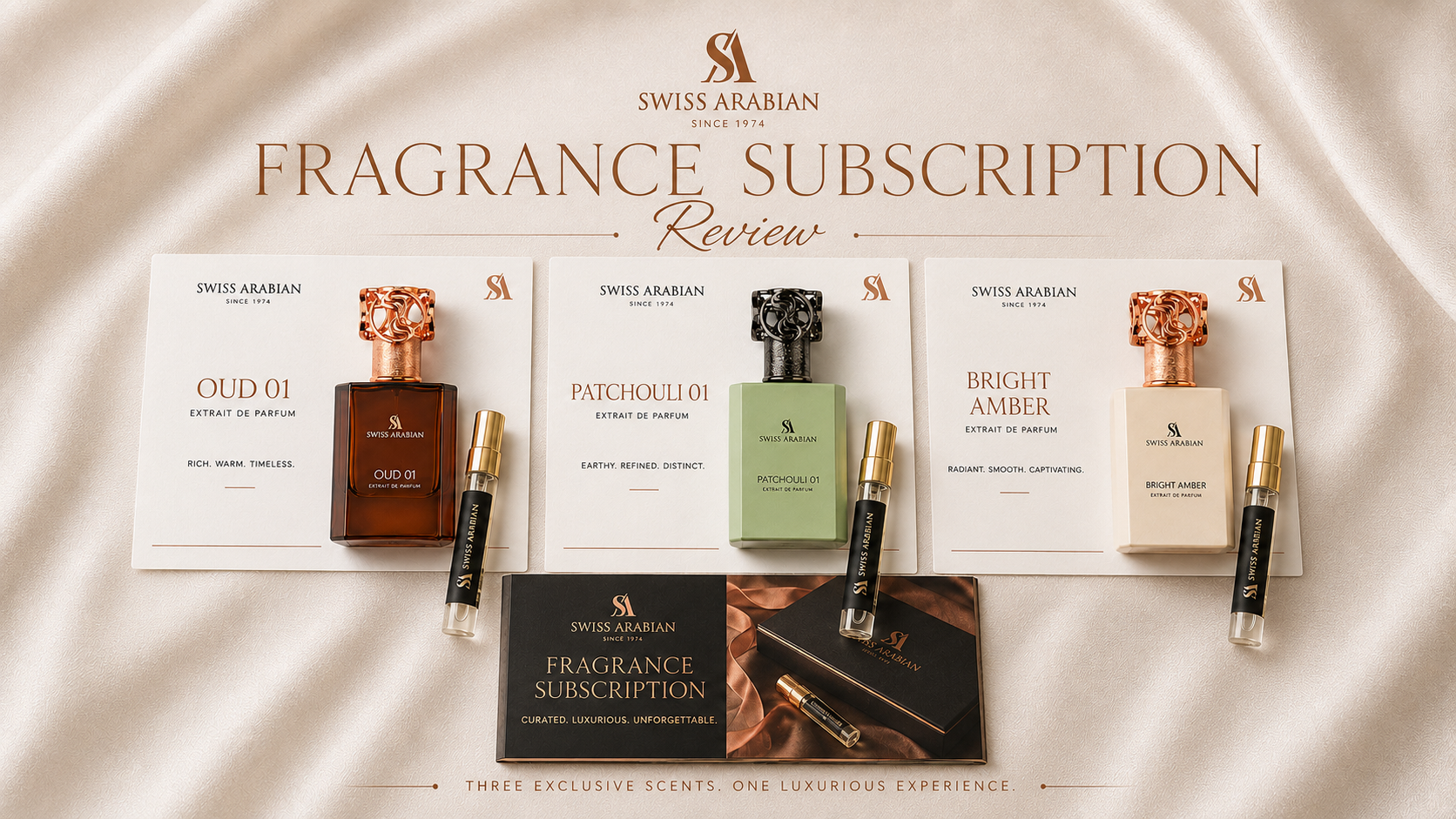 Swiss Arabian fragrance subscription with three bottles and sample vials.